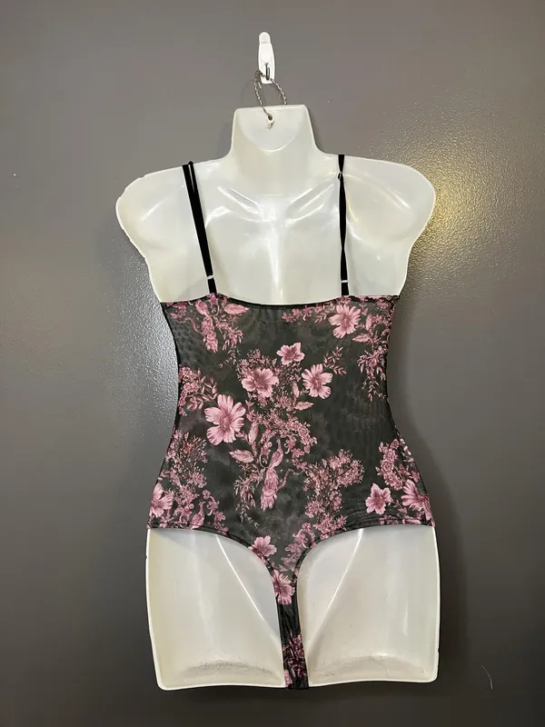 Free People Bodysuit Womens Small Black Combo Floral Mesh Front Hook Corset - Image 5