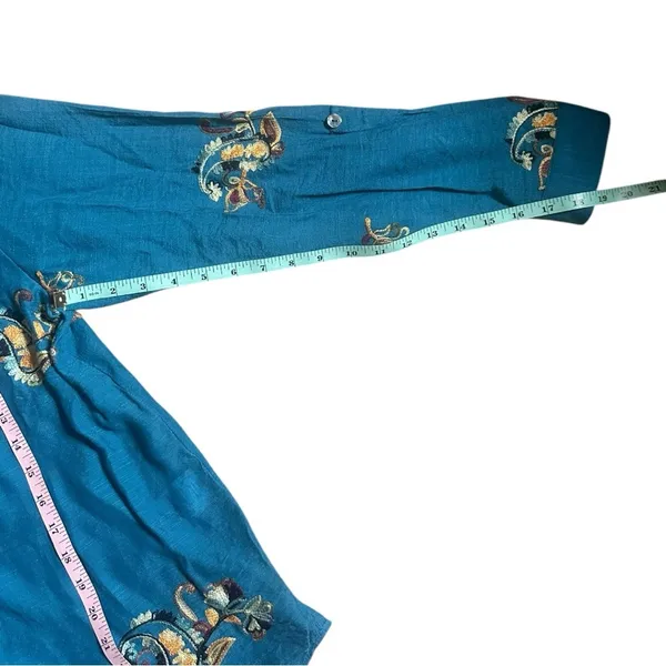 Fig and Flower Anthropologie Boho Floral Teal Shirt Embroidered Roll Tab - Image 6