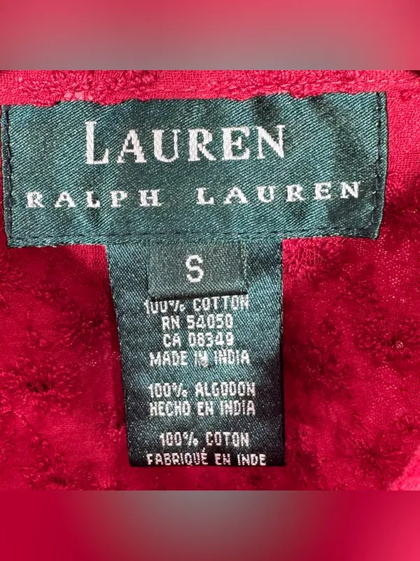 Lauren Ralph Lauren Eyelet Button Up Tunic Shirt Red Small Cottage Preppy Cotton - Image 9