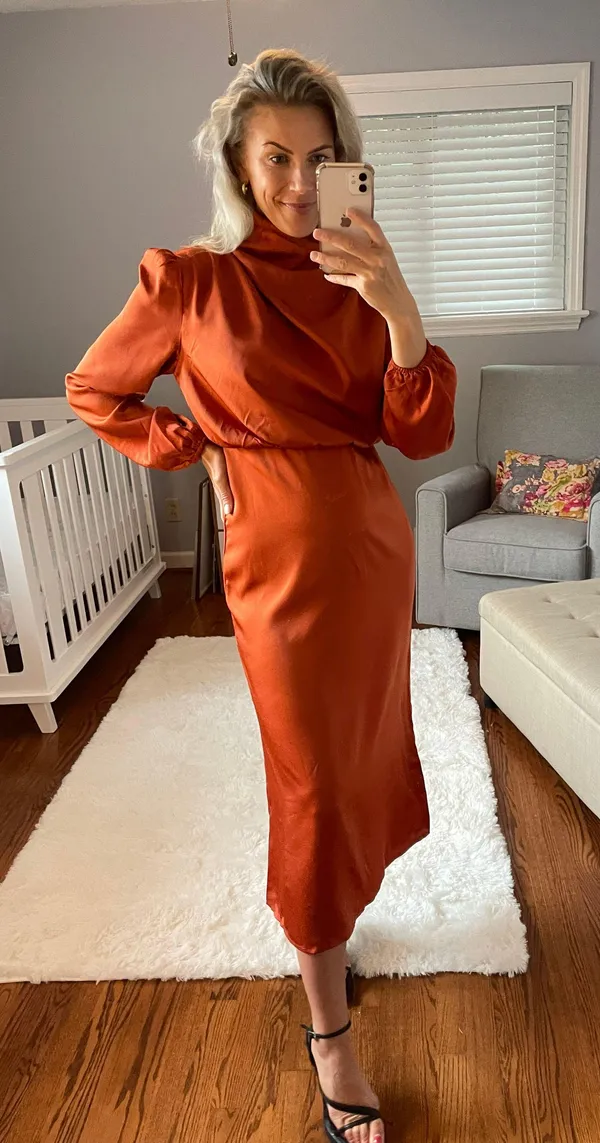 Satin Wedding Guest Dress Orange - Image 3