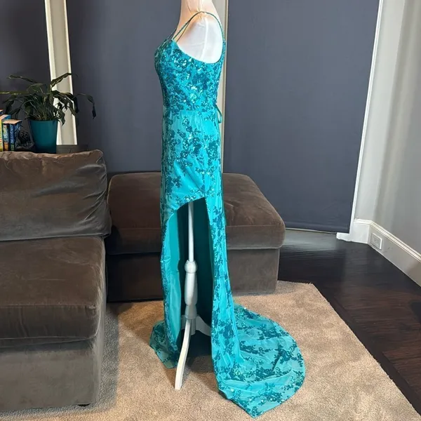 Women’s Blue Mermaid Fit Prom Party Dress Sparkly Sequins Leg Slit Size 2 NEW - Image 6