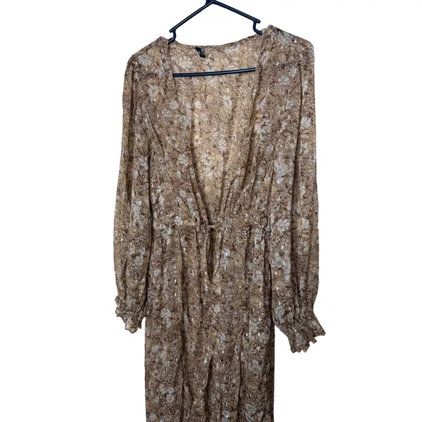 Express Womens Floral Metallic Sheer Duster Cardigan Brown Tan M/L - Image 2