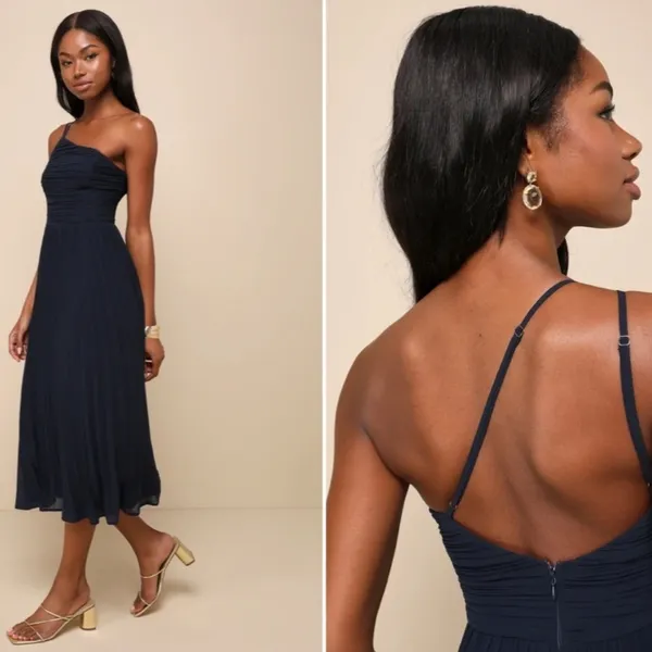 LULUS Prom Wedding Special Event Sexy One Shoulder Flowy Navy Midi Dress NWOT - Image 3