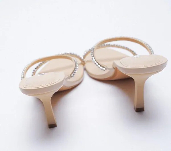 ZARA Nude Rhinestone Open Toe Mule Heels - Image 5