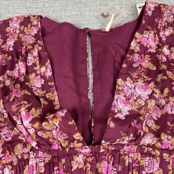Free People Dress Womens Small Purple Floral Smocked Fit Flare Mini Long Sleeve‎ - Image 2