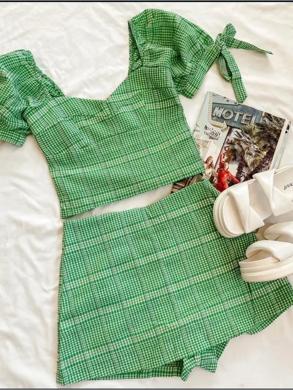 TCEC Gingham Puff Sleeve Crop Top + Skort Set // Picnic Coquette Summer Vibe M - Image 2