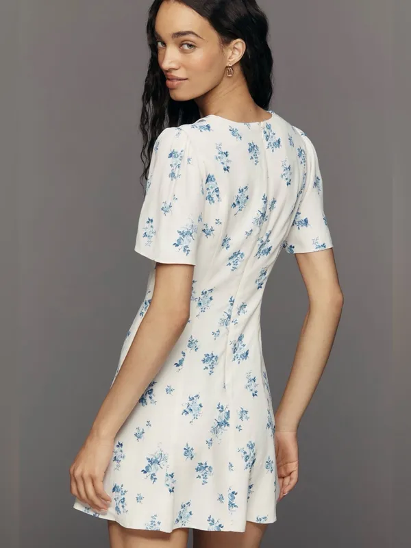 Reformation Tyra Mini Dress Floral Modest Blue Cream Girly Feminine Dress Sz 2 - Image 6