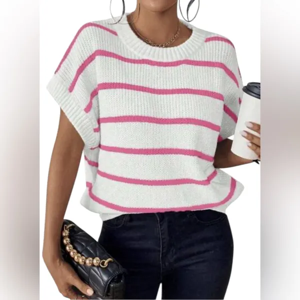 Slouchy Knit Sweater Vest‎ White With Pink Stripe Preppy Girlie Size M New - Image 5