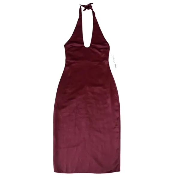 Jason Wu Women’s Burgundy Wine Red Halter Neck Satin Cocktail Midi Dress - Image 2