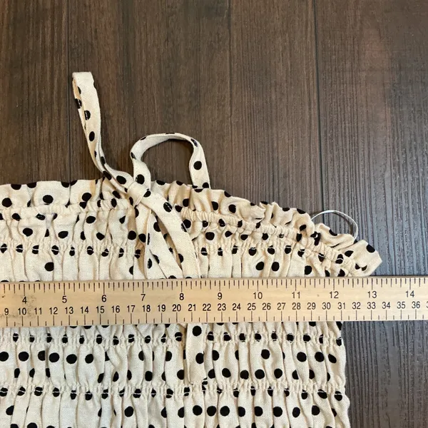Statement Polka Dot Smocked Halter Tube Top Cream Black Linen Blend Large Boho - Image 3
