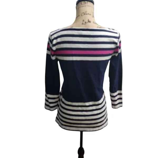 J. Crew Striped Top 3/4‎ Sleeve Boat Neck Pink Accent Casual Tee Shirt Medium - Image 2