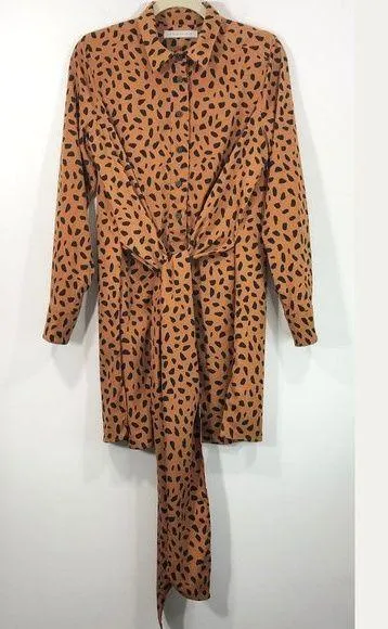 New Tie Front Button Down Shirtdress Animal Print Long Sleeve Mini - Image 13
