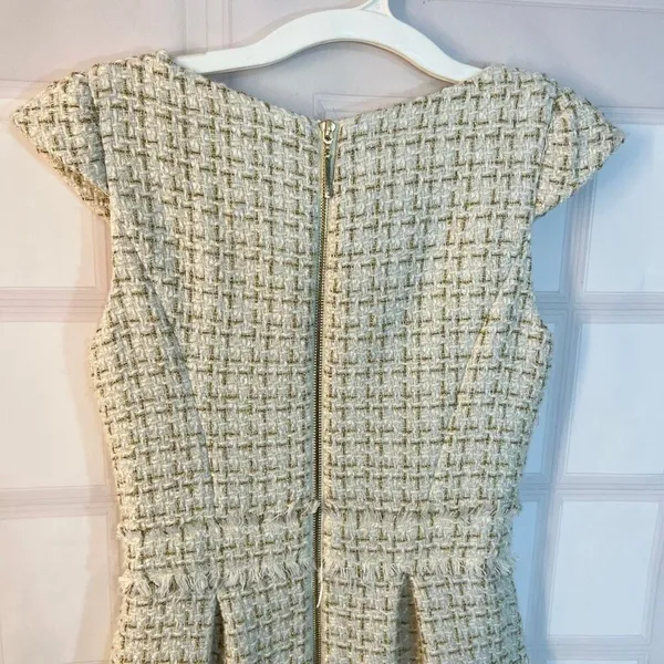 Badgley Mischka White Gold Tweed Boat Neck Cap Sleeve Sheath Dress Size 0 - Image 7