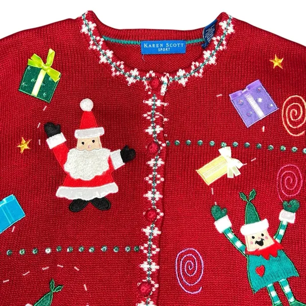 Vtg Karen Scott‎ Ugly Christmas Sweater Women Large Red Cardigan Elf Santa Ramie - Image 2