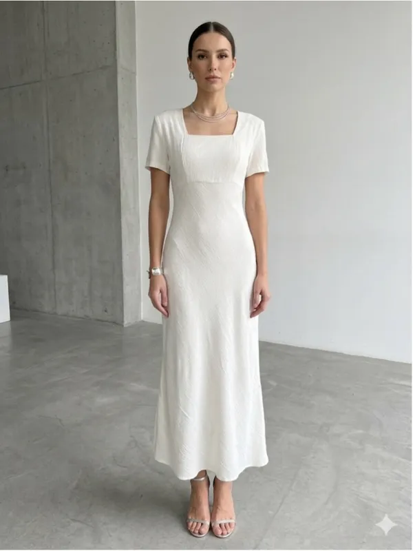 VTG Jay Jacobs Cream Maxi Dress 7/8 Textured Crinkle Minimalist Wedding Bridal - Image 2