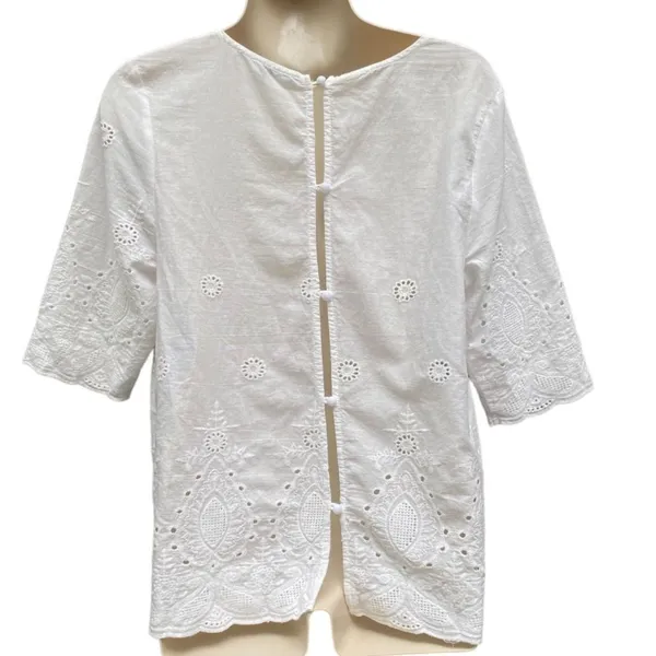 Lipslide White Embroidered Blouse M Cotton Cutwork Floral Cottage Fairy Boho - Image 3