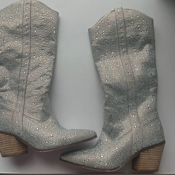 Boutique Silver Crystals Bling Rhinestone Western Cowboy Boots Size 5 6 - Image 4