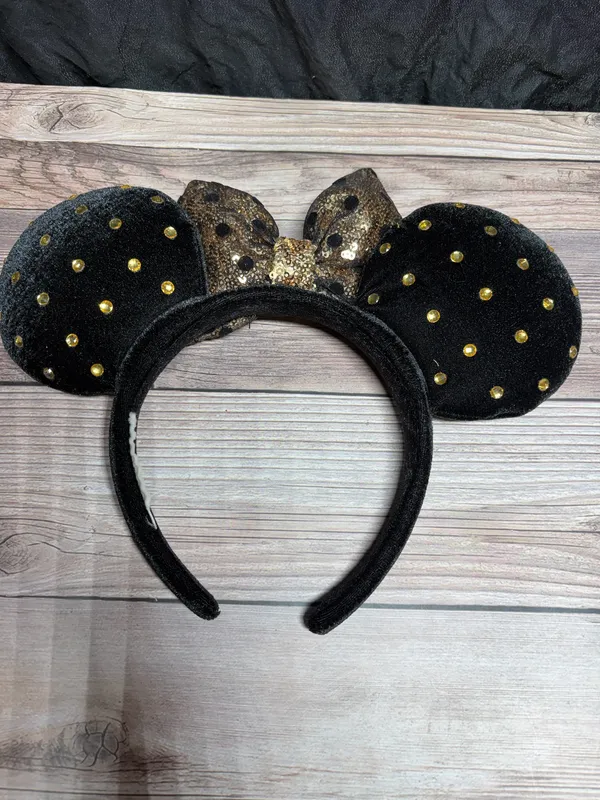 Disney Parks Black Jeweled Studded Gold Minnie Mouse Ears Headband - Image 2