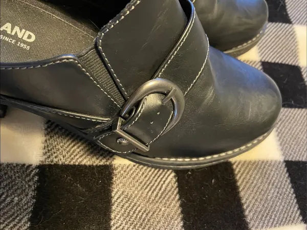Eastland Black Leather Slip-On Mules with Buckle Detail - Image 8
