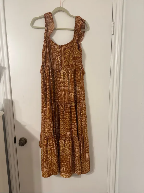 NWT Trixxi Rust Orange Tiered Patchwork-Print Ruffled-Strap Midi Dress Sz Large - Image 10