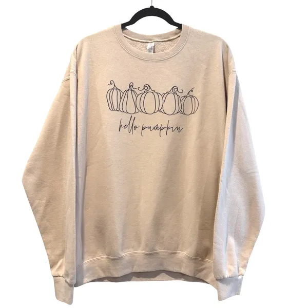 Womens "Hello Pumpkin" Crewneck Sweatshirt Long Sleeve Beige Graphic Fall Size L - Image 2
