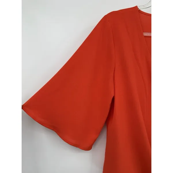 Hot Pink Orange Blouse V Neck Button Down Tie Knot Front Bell Sleeves Small Top - Image 8