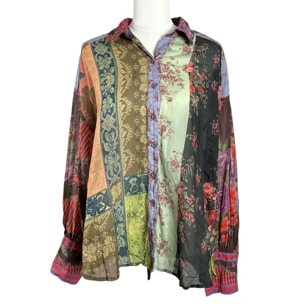 Free People Bohemian Patchwork Flower Patch Top Berry Combo Oversized Small Fall - Image 9