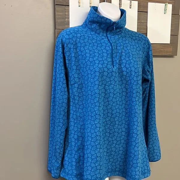 Columbia Women’s Blue Mock Neck Zip Up Long Sleeve Abstract Pattern Pullover- Lg - Image 3