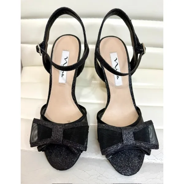 Nina Black Mesh Glitter Bow Heeled Sandals Sz7 - Image 2