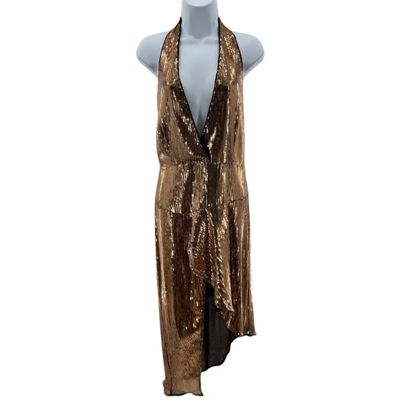Lovers + Friends Duchess Sequin Dress‎ XL NWT Gold Halter Midi Party Cocktail - Image 5