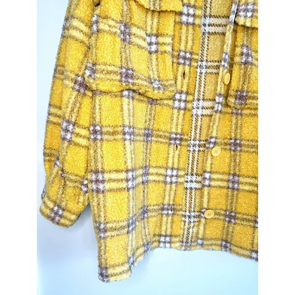 En Crème Women's‎ Small Sherpa Shacket Jacket Plaid Oversized Mustard Streetwear - Image 7