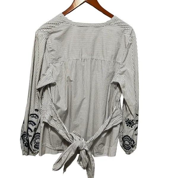 J Crew Womens Peasant Boho Cottage Top L Stripe Embroidered‎ Tie Back Parisian - Image 2