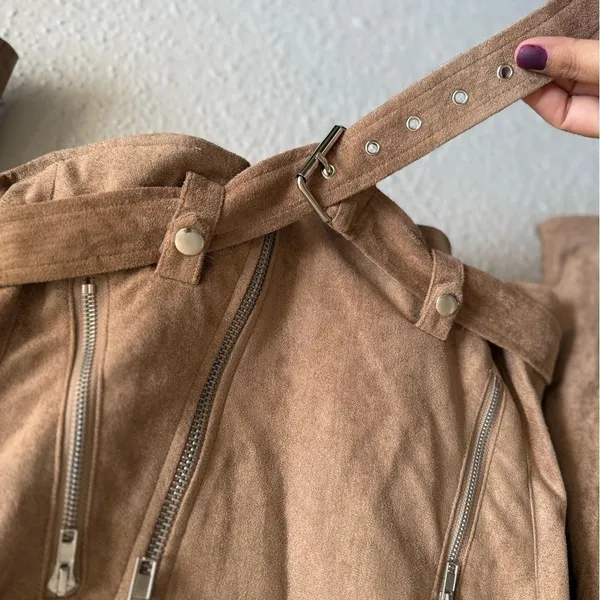 Olivaceous Faux Suede Moto Jacket Beige Size M - Image 4