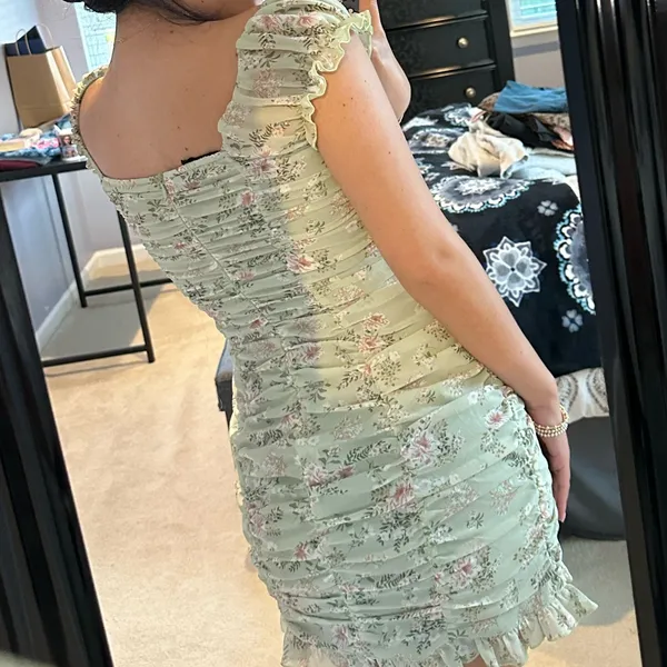 Hazel Boutique Green Floral Ruched Ruffled Mini Dress - Image 8