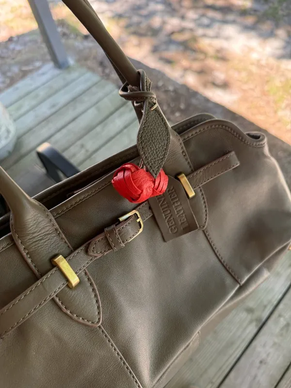 Olive Colored Genuine Leather Bag with Cherry Charm Red - Image 5