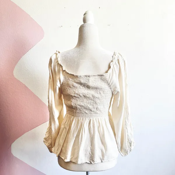White Puff Sleeve Top Milkmaid Boho‎ Flowy Festival Renaissance Medium - Image 2