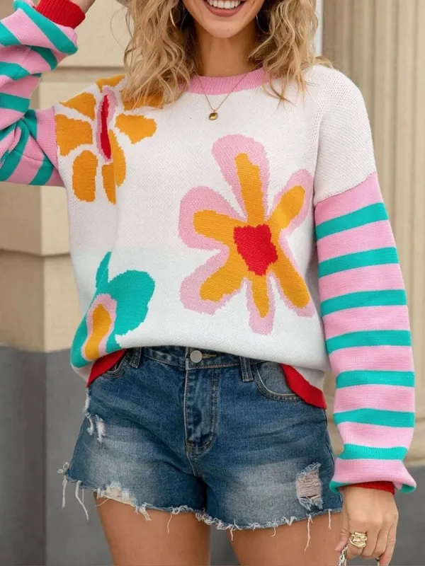 NEW Boutique Floral Striped Mixed Print Crewneck Sweater Summer Spring Bright - Image 2