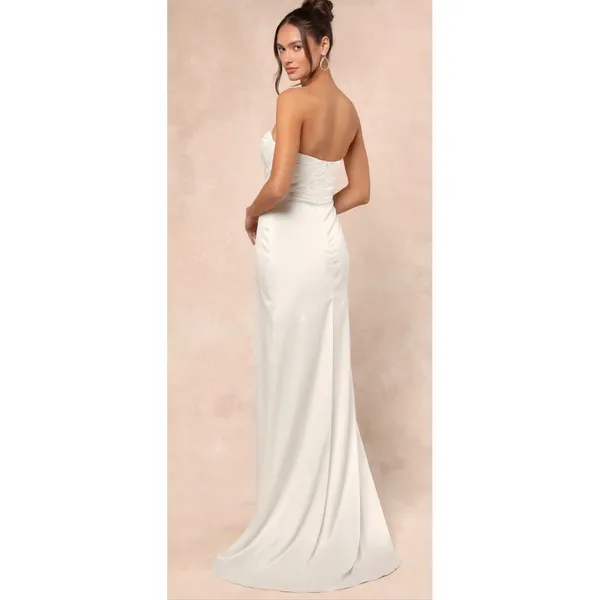 NWT Lulus Heidy White Satin Strapless Maxi Dress Womens‎ M Sequin Bridal Wedding - Image 2