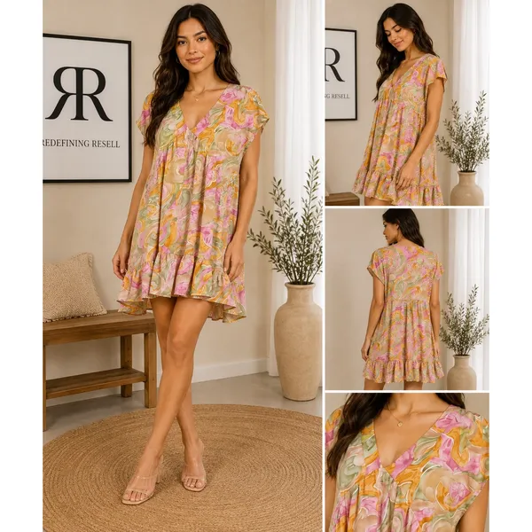 Entro‎ Floral V-Neck Short Sleeve Babydoll Mini High Low Dress Size Large - Image 2