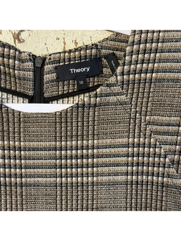 Theory Power Midi Wool Plaid Classic Sheath Dress, size 10, black brown white - Image 3