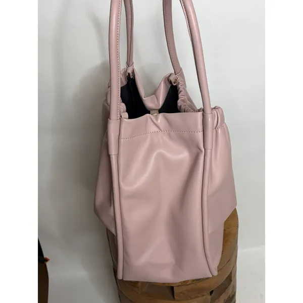 Lulu Dharma Pink Leather Ruched Tote Bag Shoulder Purse Gold Hardware - Image 5
