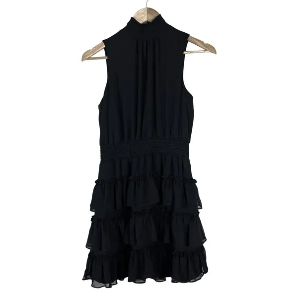 Express Smocked Mock Neck Solid Tiered Ruffle Mini Dress Black Whimsigoth Size S - Image 2