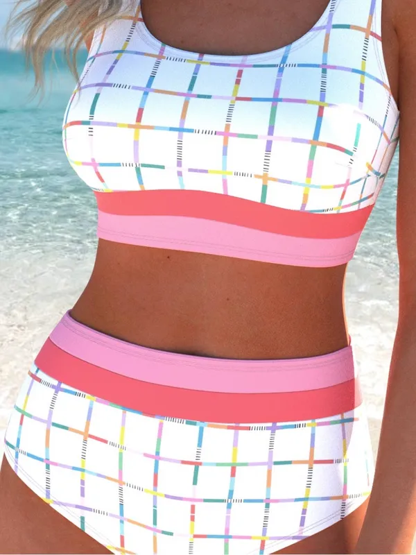 High-Waist Plaid Bikini Scoop Neck Pink Band Patchwork Wire Free Wide Strap L - Image 6