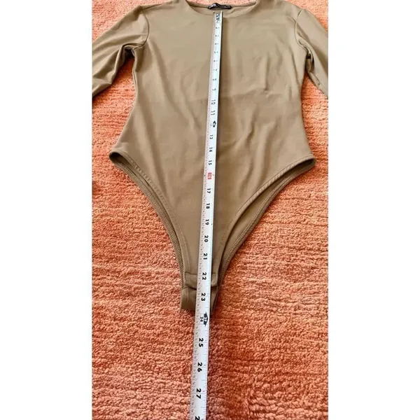 ZARA Taupe Long Sleeve Bodysuit Snap Closure Stretch Top Size S - Image 3