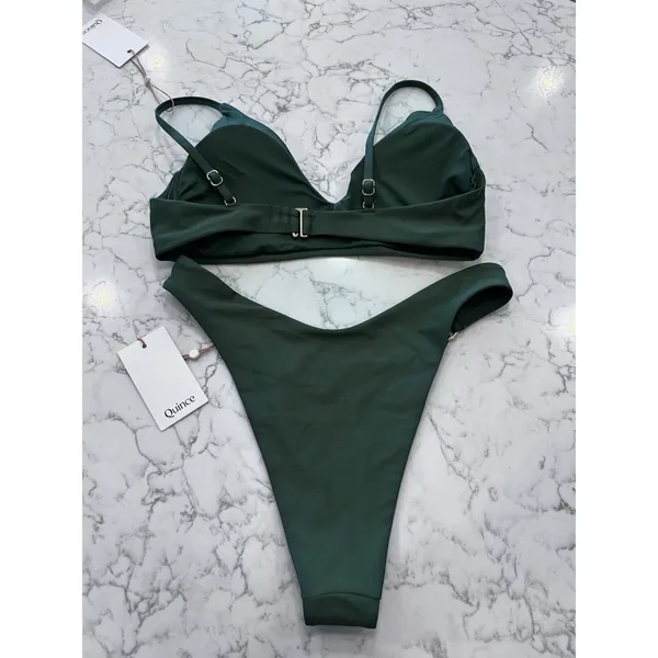 NWT Quince Palm Green Italian V Neck Bikini Top & High Leg Ring Bottoms Medium - Image 2