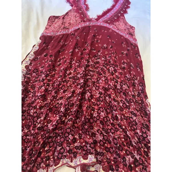 Free People Boho Floral Paisley Midi Dress Burgundy Pink Lace Handkerchief Hem - Image 3