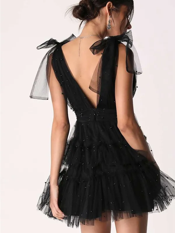 Lulus Tulle Proof Black Beaded Tie Shoulder Mini Dress NWT Size Small Party - Image 2