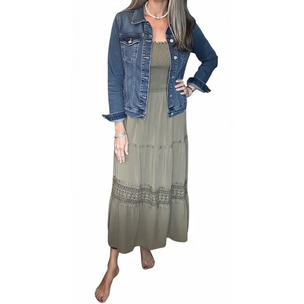 Zesica Green Rayon Strapless Smocked Maxi Dress Crochet Lace Tiered Boho Summer - Image 4