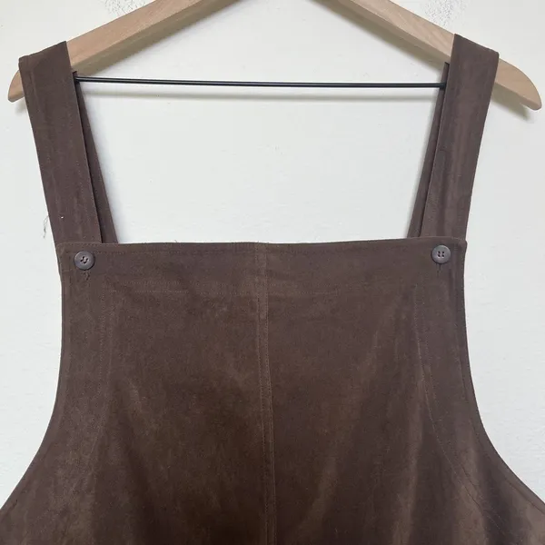 VTG 90s Women Chocolate Brown‎ Jumper Overall Chore Dress 2X Faux Suede Western - Image 2