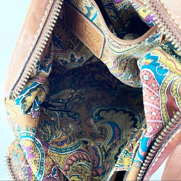 FOSSIL Brown Leather Stitched Adjustable Strap  Paisley Lined Shoulder Bag Boho - Image 16